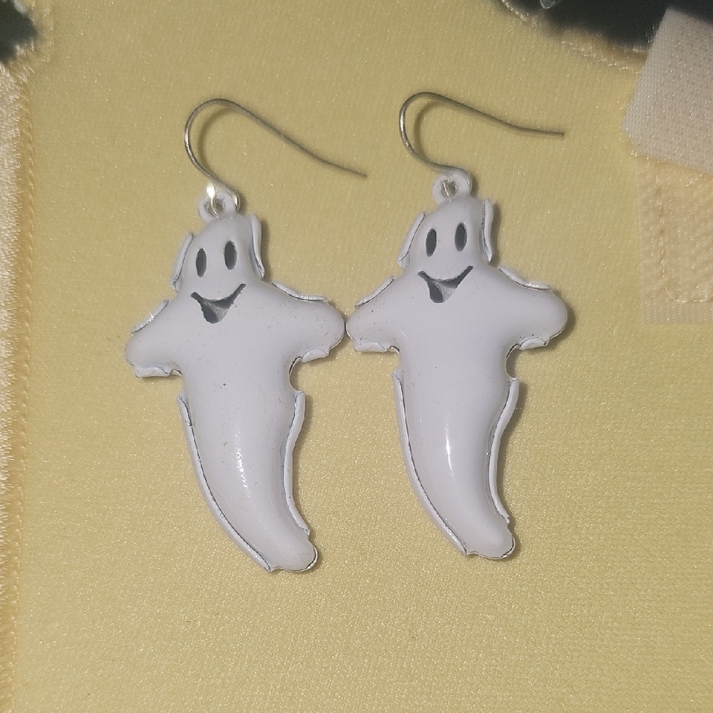 VINTAGE 90s White Ghost Earrings Metal Puffy Jewelry Halloween 1990s Enamel